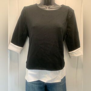 Ann Taylor Petite Ruffle Hem Mixed Media Top Size MP Black White 3/4 Sleeve